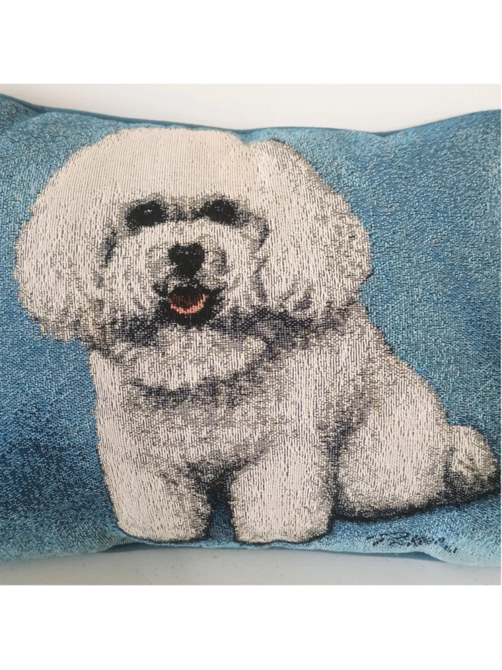 Linda Picken Bichon Frise Dog Blue Tapestry Throw Decor Pillow